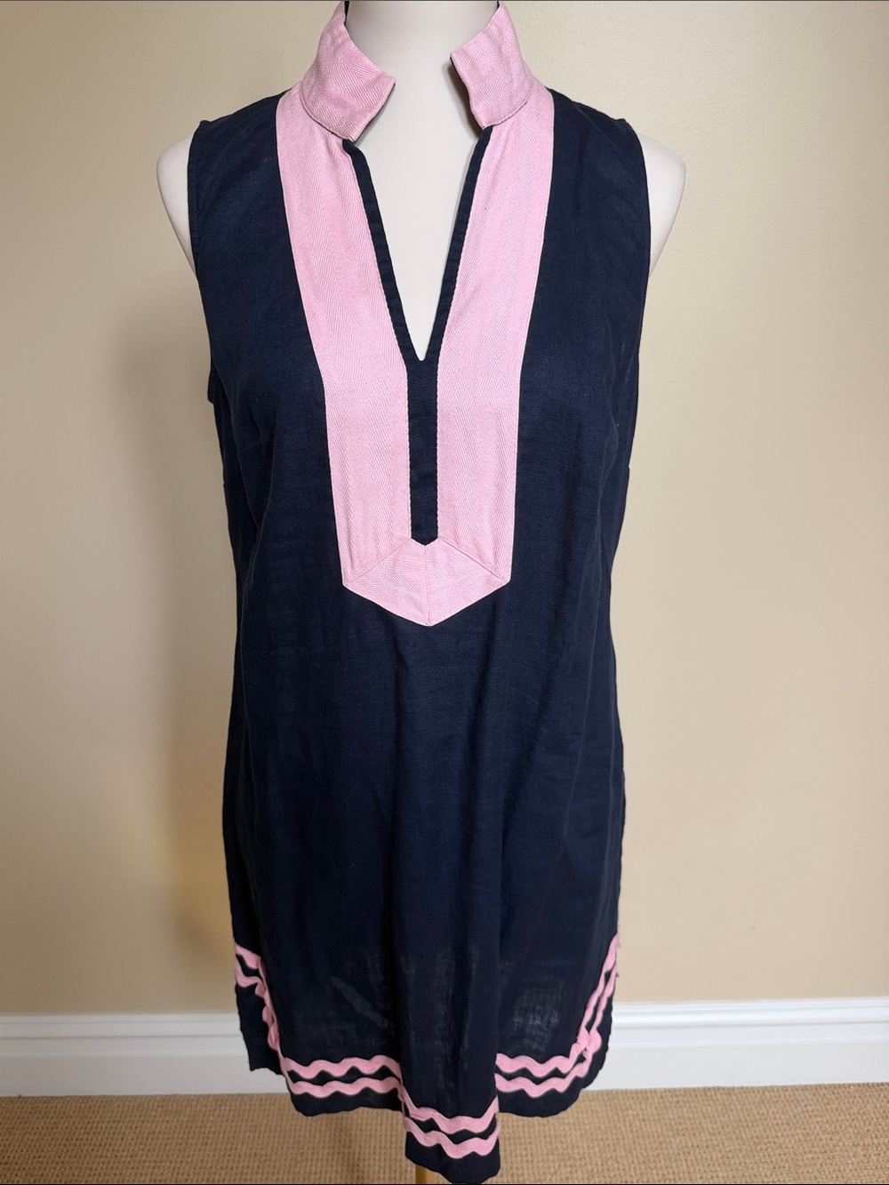 Sail to Sable Navy Pink Linen Tunic Dress Ric Rac Size M